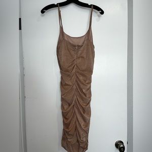 Storia Adjustable Strappy Sparkly Champagne Mini Dress with Back Ruching & Zip